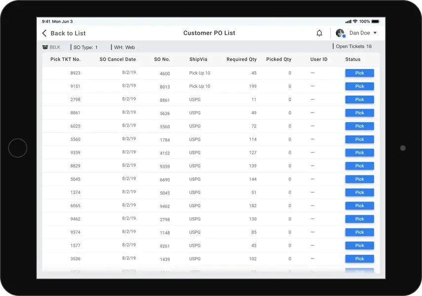 Pick and pack task list