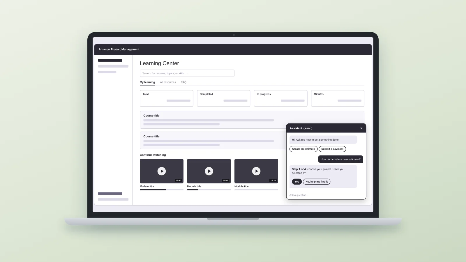 Wireframe of a Learning Center page with a chatbot assistant open on top