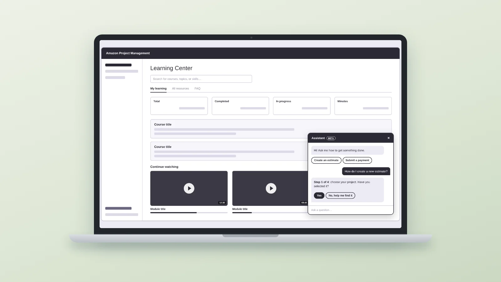 Wireframe of a Learning Center page with a chatbot assistant open on top
