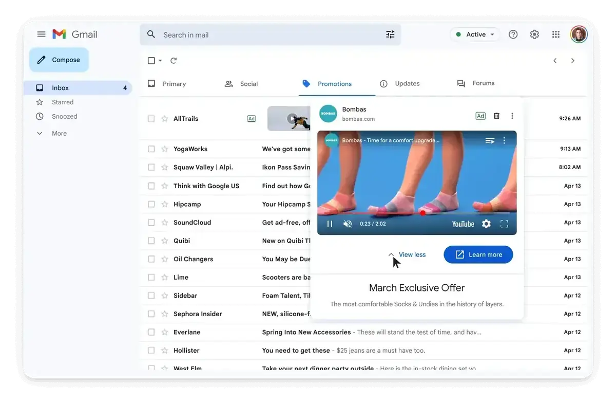 Hover preview of a video ad in the Promotions tab