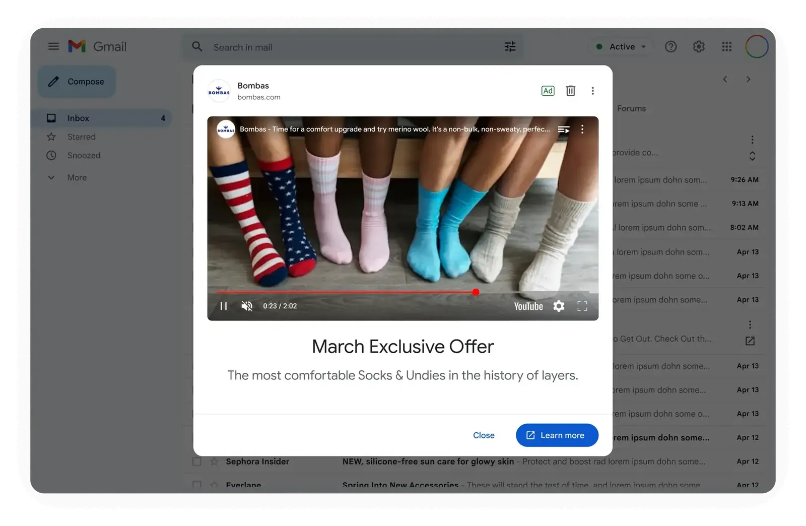 Gmail inbox with a video ad opened in a modal