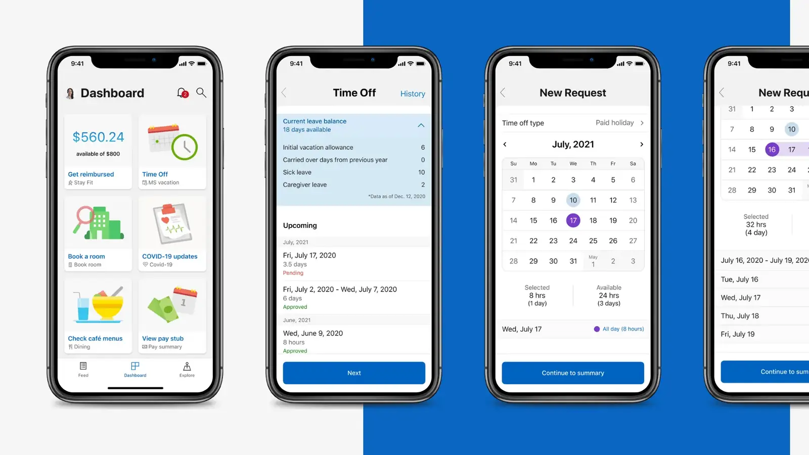 MyHub time-off screens on phones