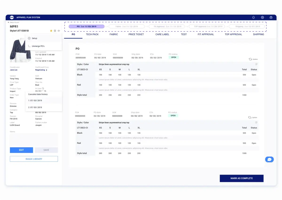 Wireframe of product creation